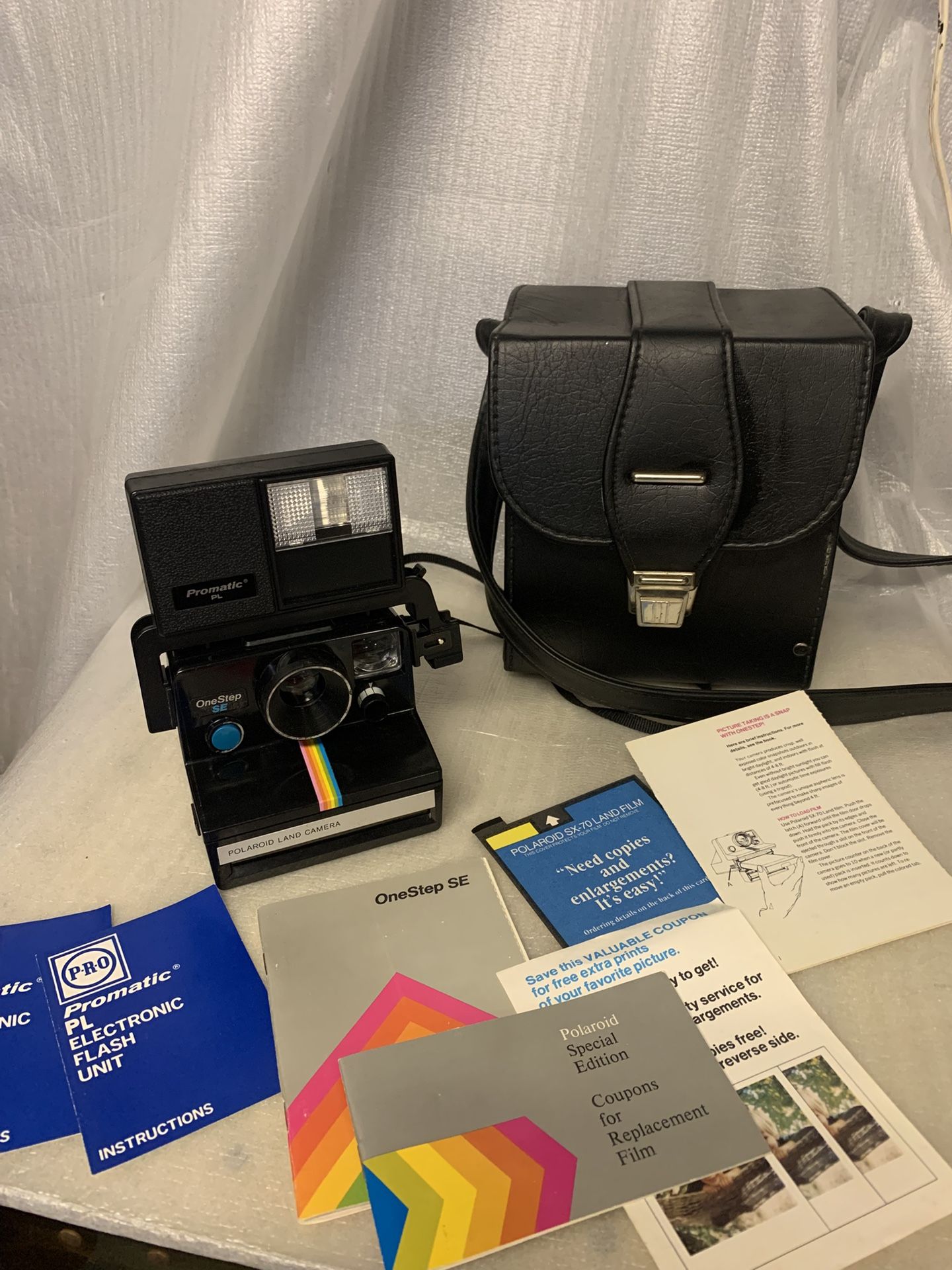 Vintage Polaroid OneStep SE Land Camera with Promatic Flash, Case & Manuals - Rainbow Stripe