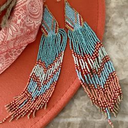 Turquoise and Orange Seed bead Fringe Earring Spring Artesian Jewelry