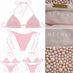 MESHKI Pearl Embellished Pink Bikini Set – Size Small – Brand New