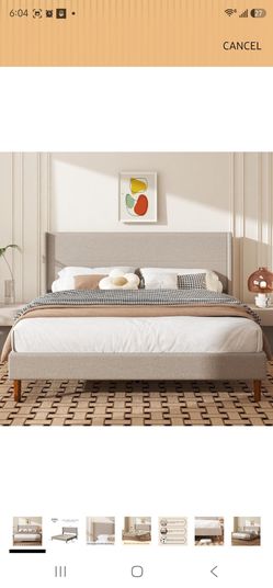 Mxhtcewz King Size Bed Frame, Linen Upholstered Platform with Wingback Headboard, Wooden Slats Support, No Box Spring Needed, Easy Assembly, Beige