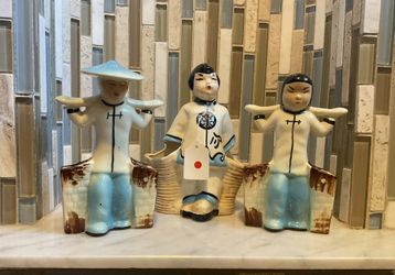 Vintage Mid Century Asian Ceramic Figures Planter Vases Set Of 3