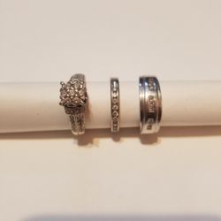 14K gold and diamond 3  piece ring set engagement husband and wife married ring