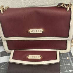 Guess Red and Cream Crossbody Bag with Gold Hardware 