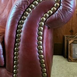 Stitched Genuine Leather Sofa with Brass Nailhead