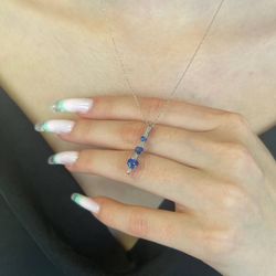 10k white gold necklace chain w diamond blue stones pendant  20 inch