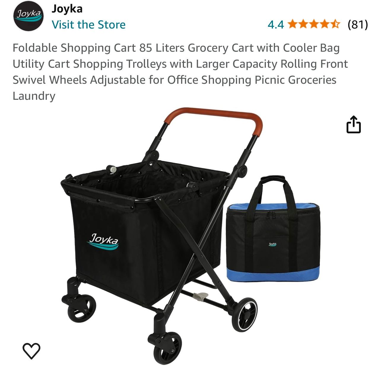 Foldable Shopping Cart 85 Liters Grocery Cart with Cooler Bag Utility Cart Shopping Trolleys with Larger Capacity Rolling Front Swivel Wheels Adjustab