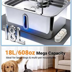 18L/4.76Gal Extra Large Dog Water Fountain with Silicone Mat & 3 Filters, Quiet Pet Water Fountain for Giant Breeds, Stainless Steel Dog Water Bowl Di