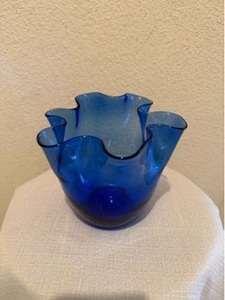 Hand Blown cobalt blue art glass handkerchief vase.