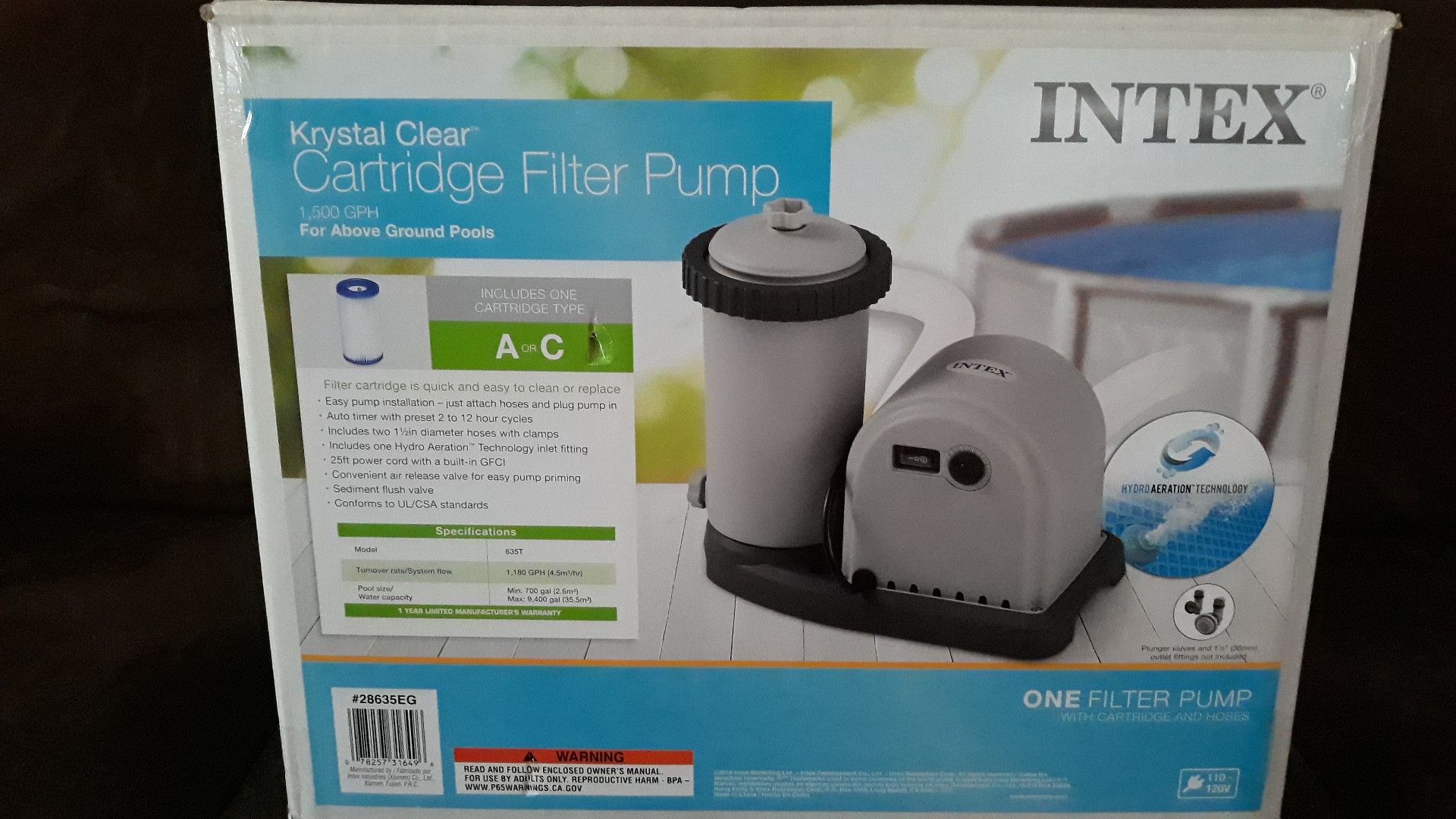 INTEX Krystal clear 1,500 GPH cartridge filter pump *NEW*