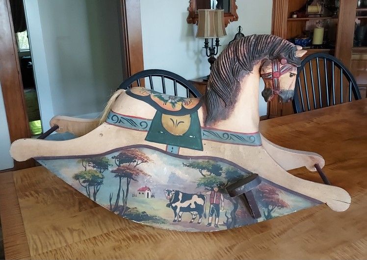 Vintage Wood Rocking Horse Carousel Glass Eyes ,Horsehair Tail Hand Painted