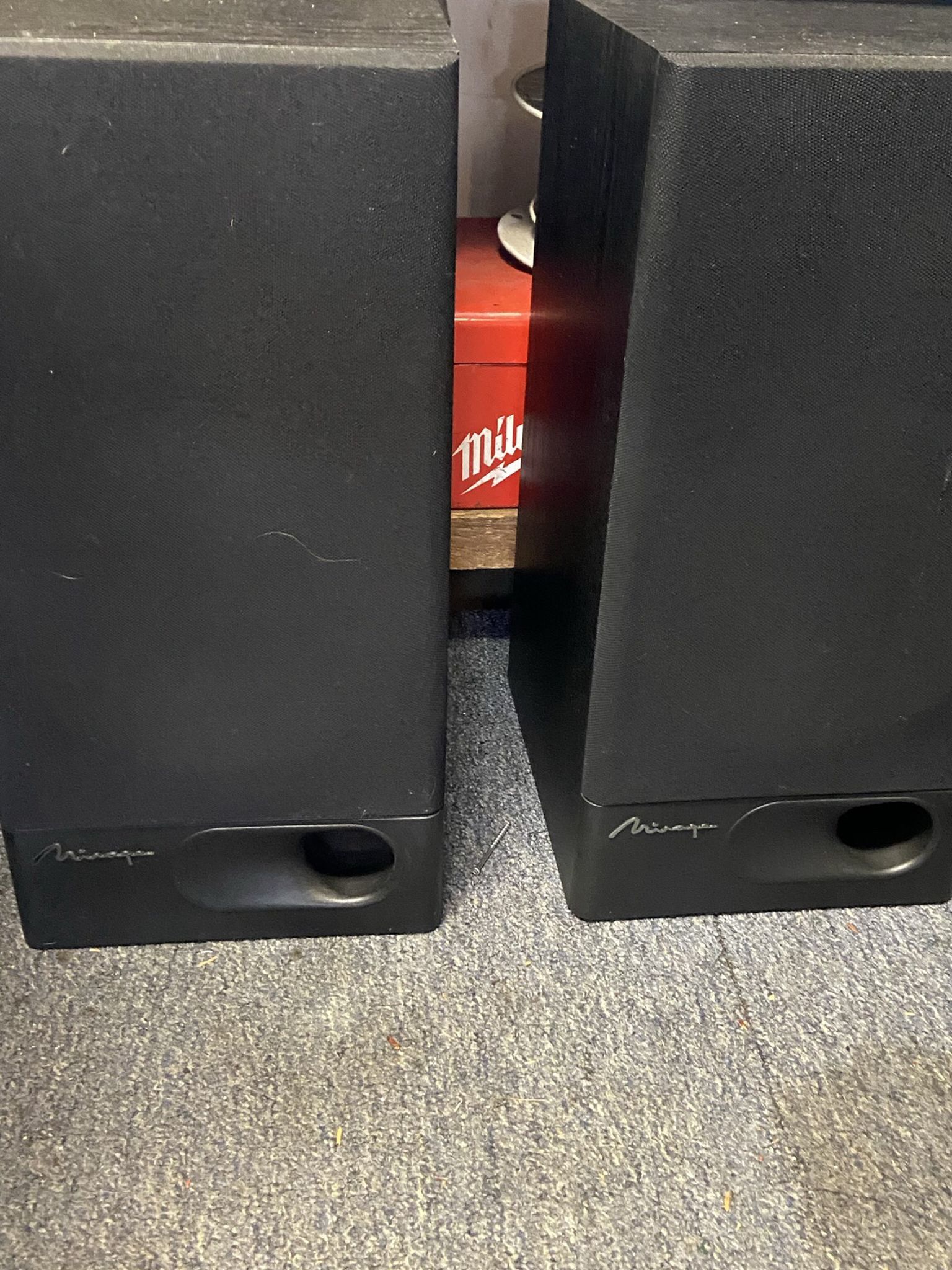 Mirage surround sound speakers good condition Purchased from tweeter stereo Five speakers in a big subwoofer