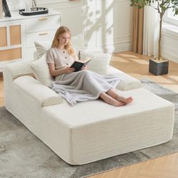Chaise Lounge Chair Indoor, Corduroy Upholstered Boneless Sofa Bed Couch with Round-Edge Armrests and 3 Pillows, Cloud Sleeper Sofa Chair Couches for 