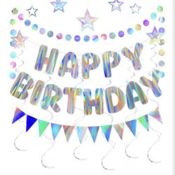Iridescent Birthday Decorations with Holographic Pre-Strung Happy Birthday Banner,