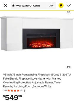 VEVOR 75 inch Freestanding Fireplaces, 1500W 5120BTU Fake Electric Fireplace Stove Heater with Mantel, Overheating Protection, Adjustable Flames,Timer