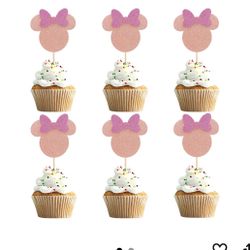 24Pcs Mouse Inspired Cupcake Toppers with Bow Glitter Mouse Cupcake Picks Baby Shower Wedding Kids Birthday Party Cake Decorations Supplies - Rose Gol
