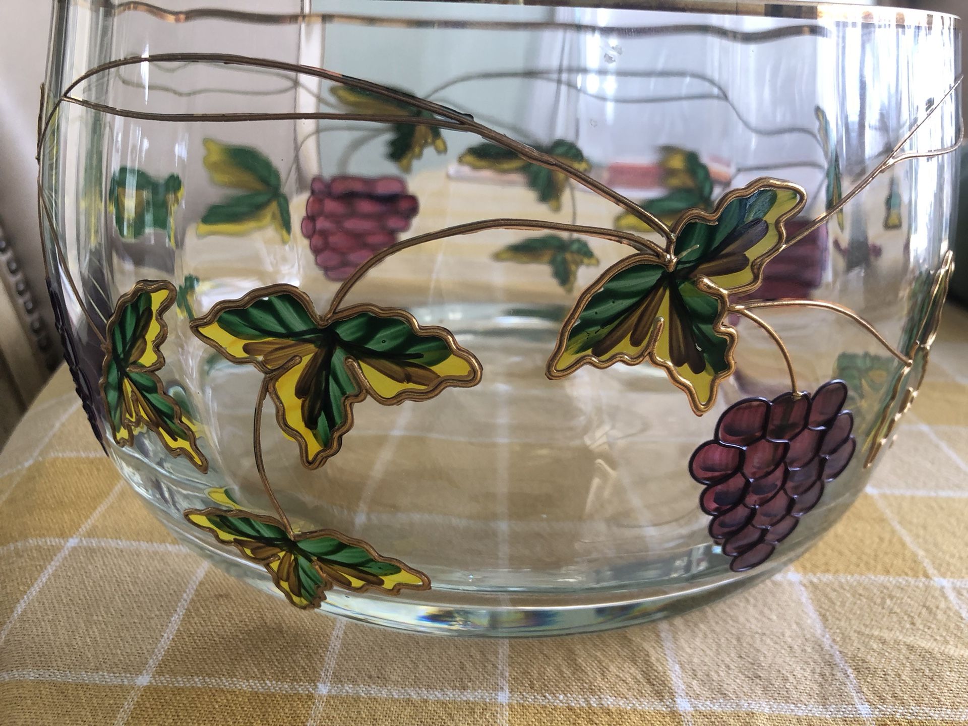 Glass Bowl Raised Grapevine Pattern Gold/green/purple