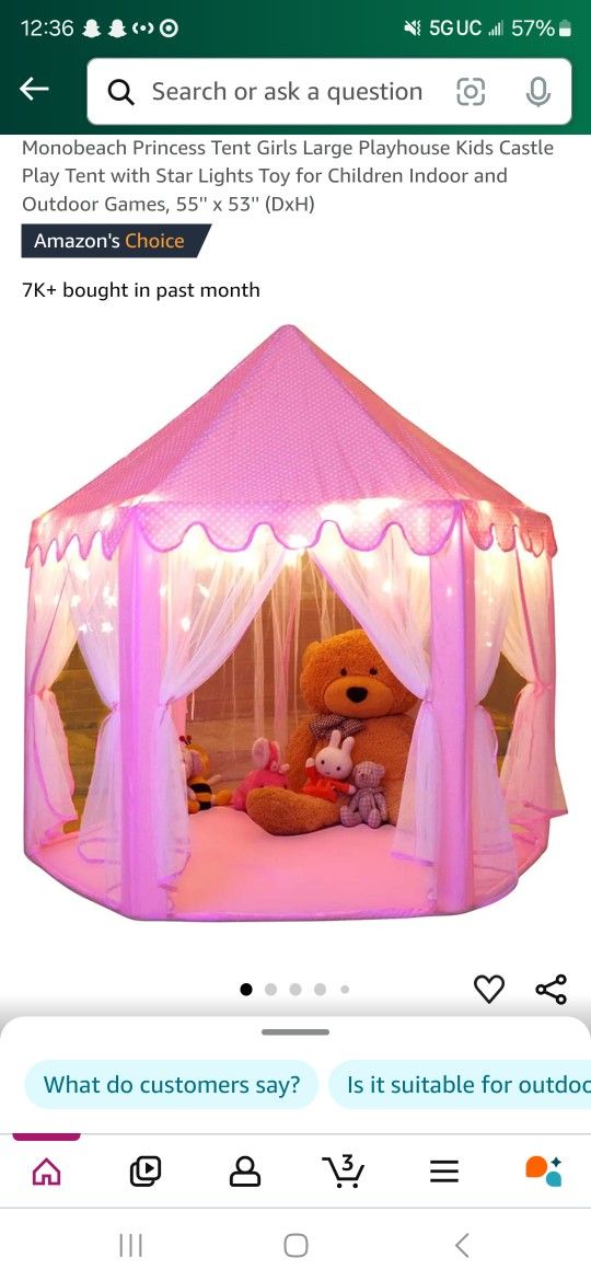 Monobeach Princess Tent Girls Large Playhouse Kids Castle Play Tent with Star Lights Toy for Children Indoor and Outdoor Games, 55'' x 53'' (DxH)