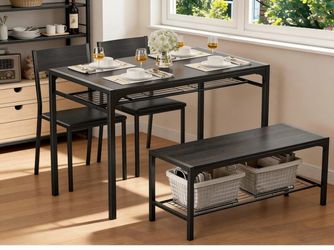 4 Piece Kitchen Dining Table with 2 Chair and Bench for Small Space - Black