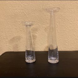SET OF TWO WEST ELM GLASS Candle Holder… Can Be Used As Vases As Well.. 9” Height And 12” Height… In Excellent Condition…$35