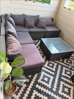 7-Piece Outdoor Wicker Patio Sectional + Glass Table + 9x12 Rug (Like New)