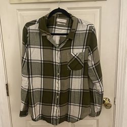 Lucky Brand Women's Long Sleeve Button Down Shirt  Green Plaid flannel Medium