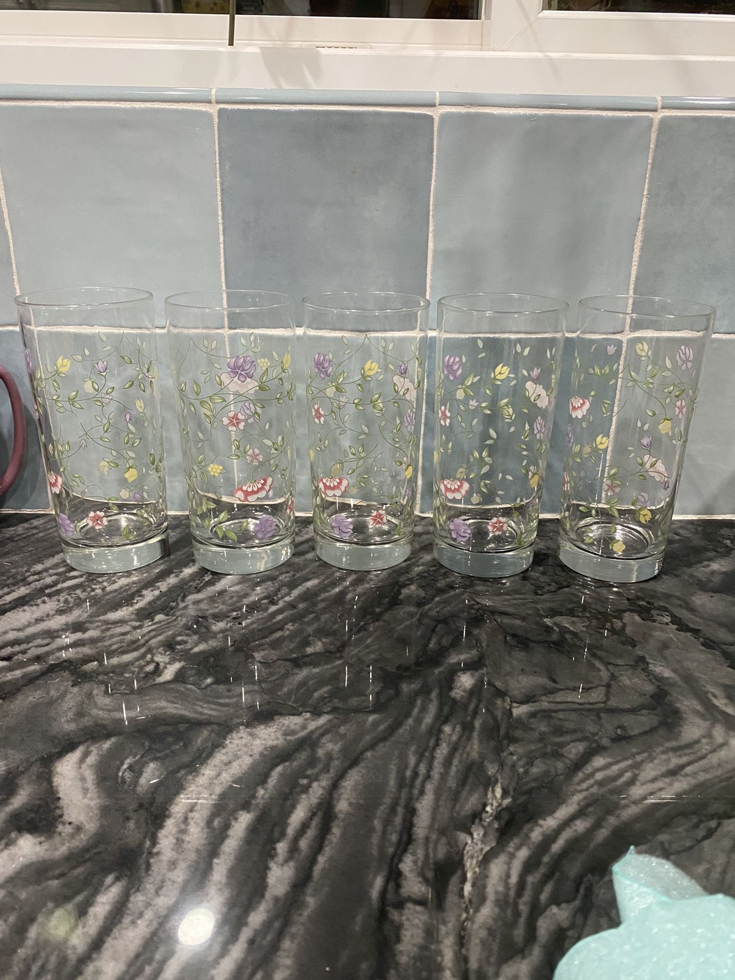 (6) Johnson Bros. England “Summer Chintz" Pastel Floral/Flower Drinking Glasses
