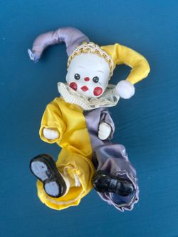 1980 Vintage Porcelain Harlequin Clown Doll Yellow & Lavender Jester Outfit