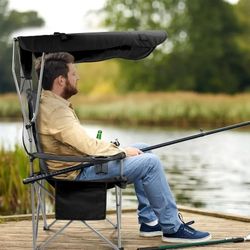 Camping Chair, Oversized Folding Chair with Canopy, Portable Outdoor Chair with Arms, Cup Holder and Carry Bag for Camping, Fishing, Beach, and Sports