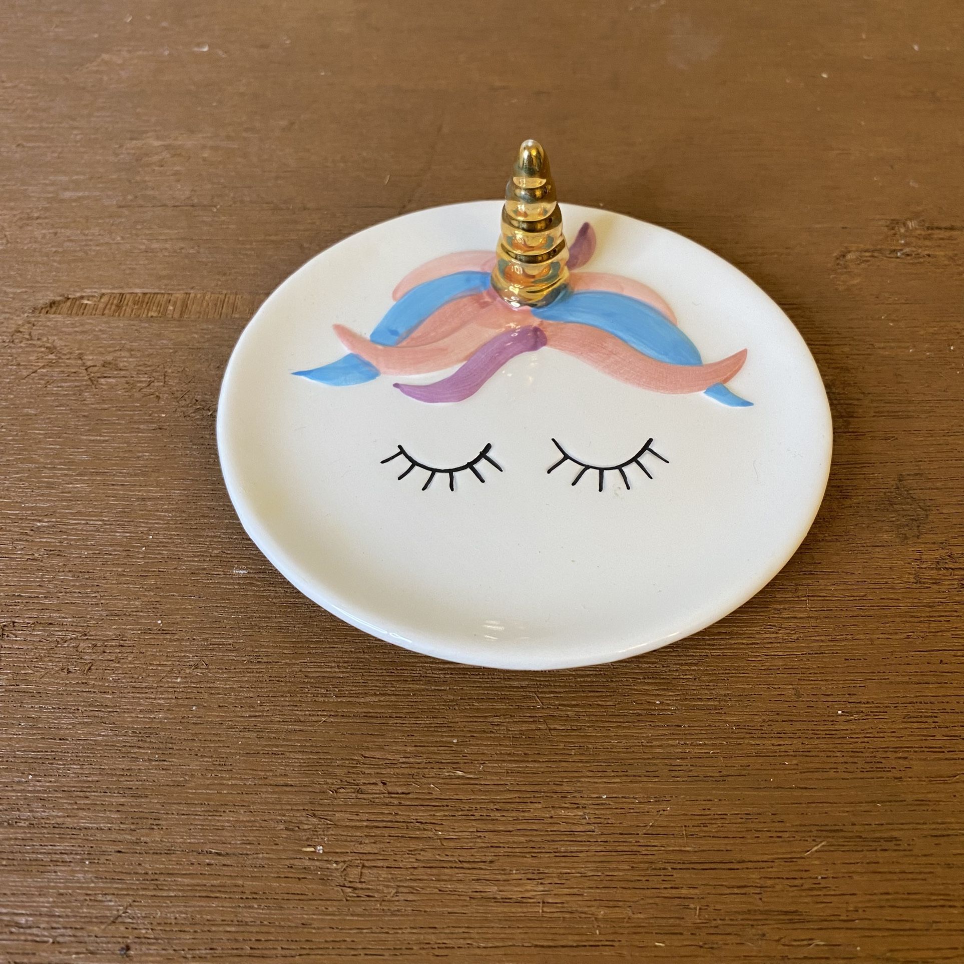 Unicorn Gold Horn Painted Face Ceramic Trinket Tray Jewelry Ring Holder Gift