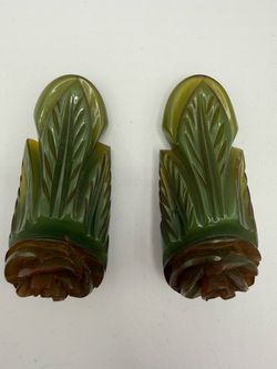 Vintage 1930s Carved Green Bakelite Shoe Dress Clips Pair