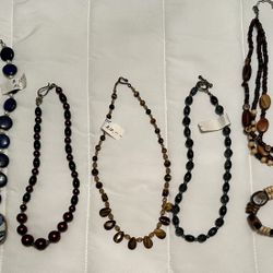 6 Necklaces: Wood, Rhinestones, Pottery, Tiger Eye Snd Miscellaneous 