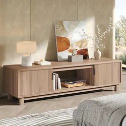 Bestier - 70" Media Console for 75" TVs, Modern Entertainment Center with Storage Cabinets & Open Shelf for Living Room - Brown