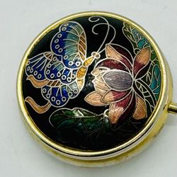 Vintage Japanese Metal Pill Box Cloisonne Guilloche Enamel With Butterfly & Floral Design.