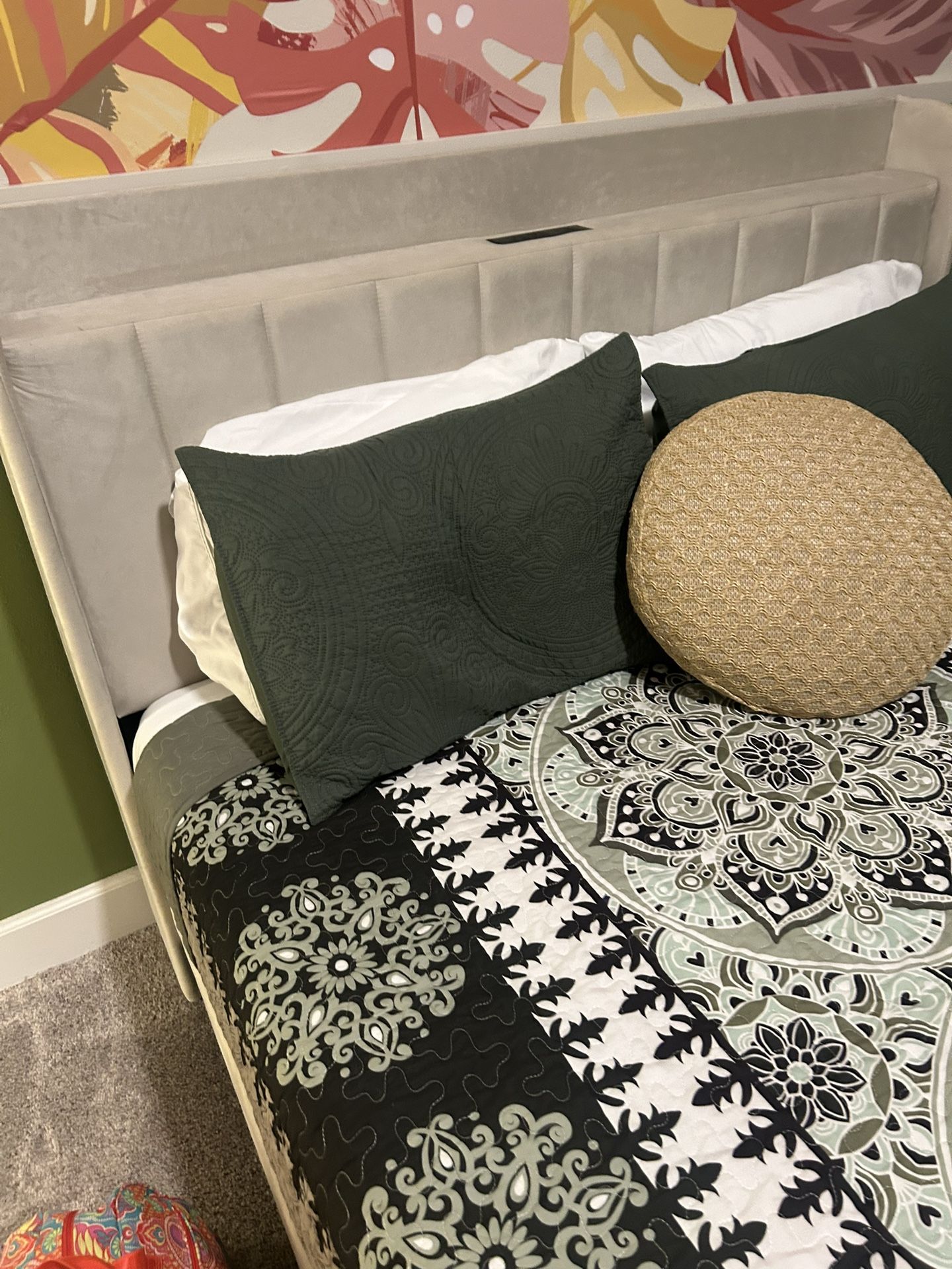 Queen Beige Suede Bed And Mattress $150 For Both Like New