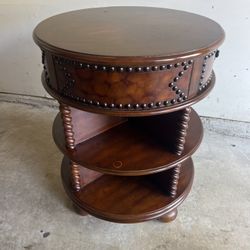 Solid Wood Round Drum Accent Table / End Table with Nailhead Trim