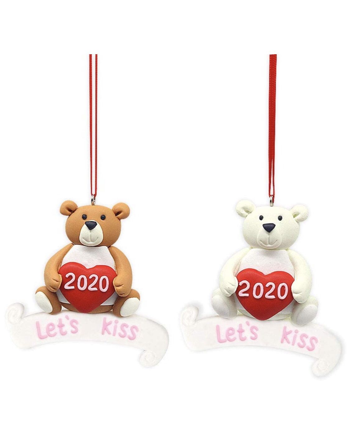 Brand new! 2 PCs 2020 Christmas Ornaments Handmade Clay Dough Teddy Bear Hanging Ornament, Cartoon Keychain Pendant Couples Gift, Xmas Tree Decoratio