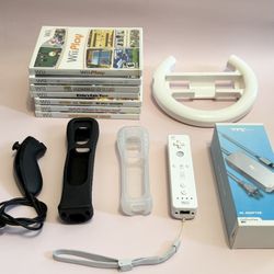Nintendo Wii Games. Wii Remotes. Wii nunchucks. Wii Wheels. Power Cables + MORE.
