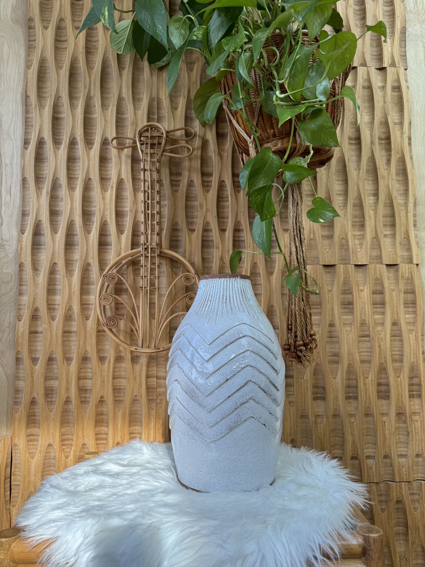 White Tall Ceramic Flower Vase Geometric Design Boho Decor Farmhouse Rustic Display Urn Plant Pot 