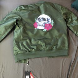 Bomber jacket with skull and rose on back new 