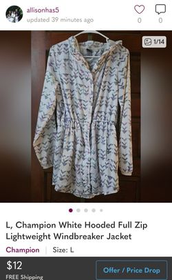 L  Champion White Hooded Full Zip Lightweight Windbreaker Jacket 