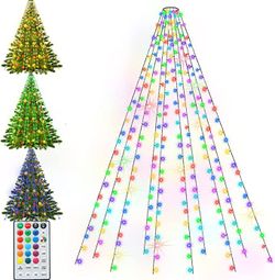 Color Changing Christmas Tree Lights with Remote, 200 LED RGB Christmas Lights, 10 Strands Waterfall Xmas Tree String Lights with Ring, Indoor Outdoor