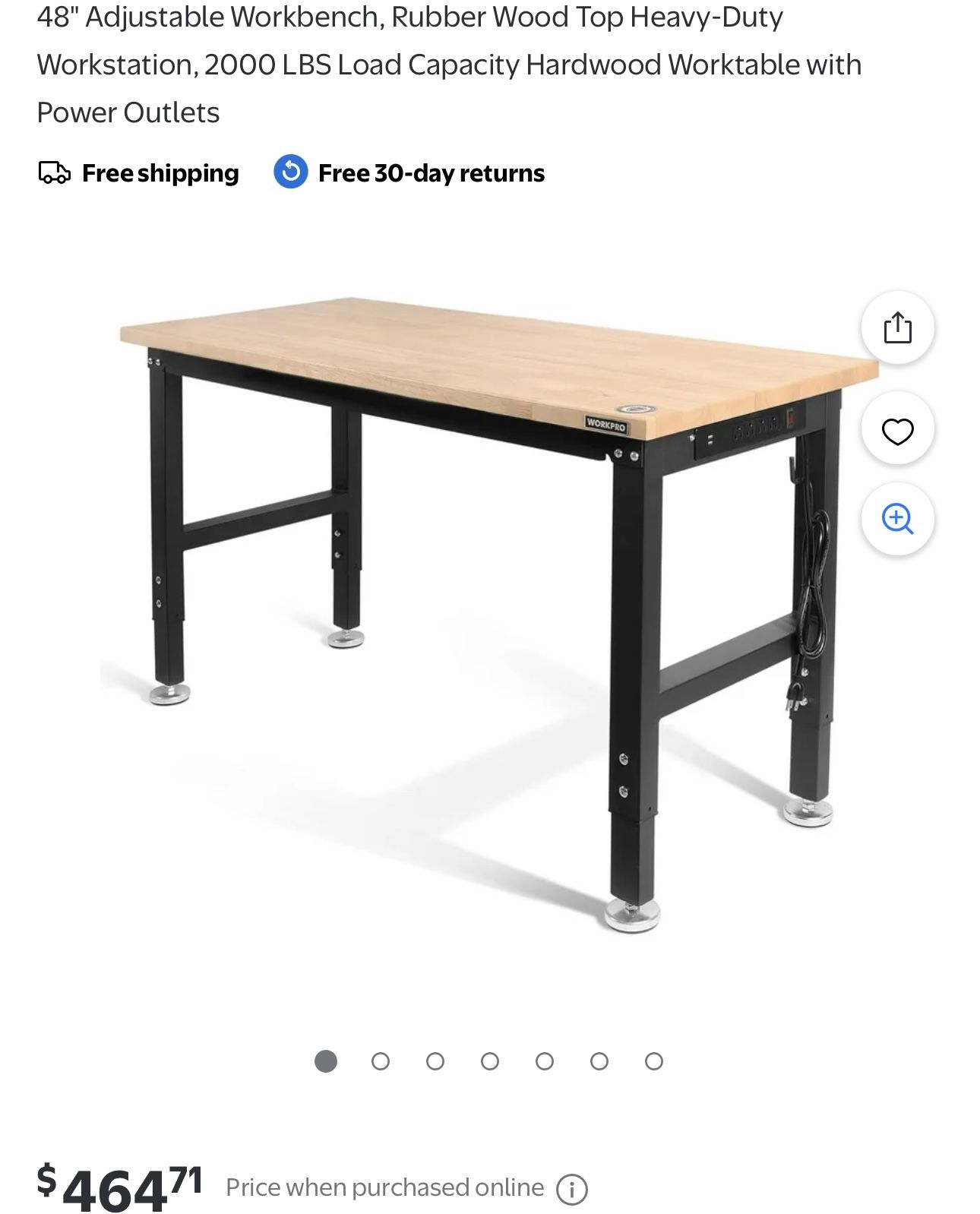 48" Adjustable Workbench, Rubber Wood Top Heavy-Duty Workstation, 2000 LBS Load Capacity Hardwood Worktable with Power Outlets