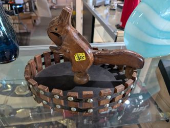 Wooden Squirrel Nutcracker Carved Basket Base Folk Art Decorative Display Decor
