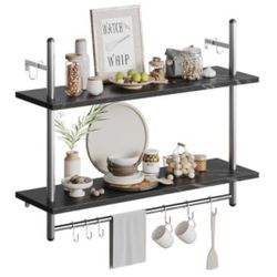 32-inch Industrial Pipe Floating Shelves, 2-Tier with 8 Hooks for Home Storage - Black Marble