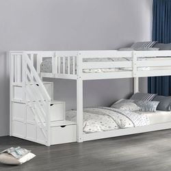 Brand new white twin twin bunkbed with staircase (99.5"W X 42.5"D X 50"H)