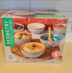Over and Back Geometry Stoneware Bowl Set of 6 – New in Box
