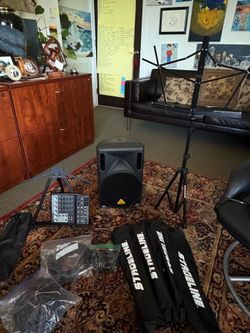 Boom box (all cables included )with Behringer Xenyx 802 compact analog mixer, 4 tall stands and one small stand