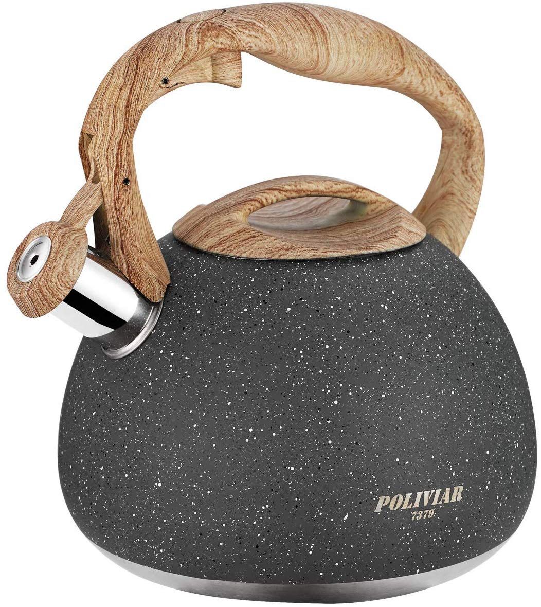 Tea Kettle, 2.7 Quart Natural Stone Finish with Wood Pattern Handle Loud Whistle Food Grade Stainless Steel Teapot, Anti-Hot Handle and Anti-Rust, Sui