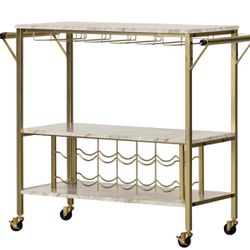 Bar Cart and Wine Glass Rack-Faux Marble and Gold