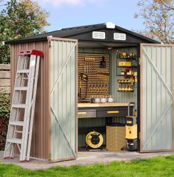 Aoxun 6.2x4 FT Shed Outdoor Storage Shed with Lockable Doors & Slooping Roof Metal Garden Tool Shed for Backyard, Patio, Poolside (Brown)